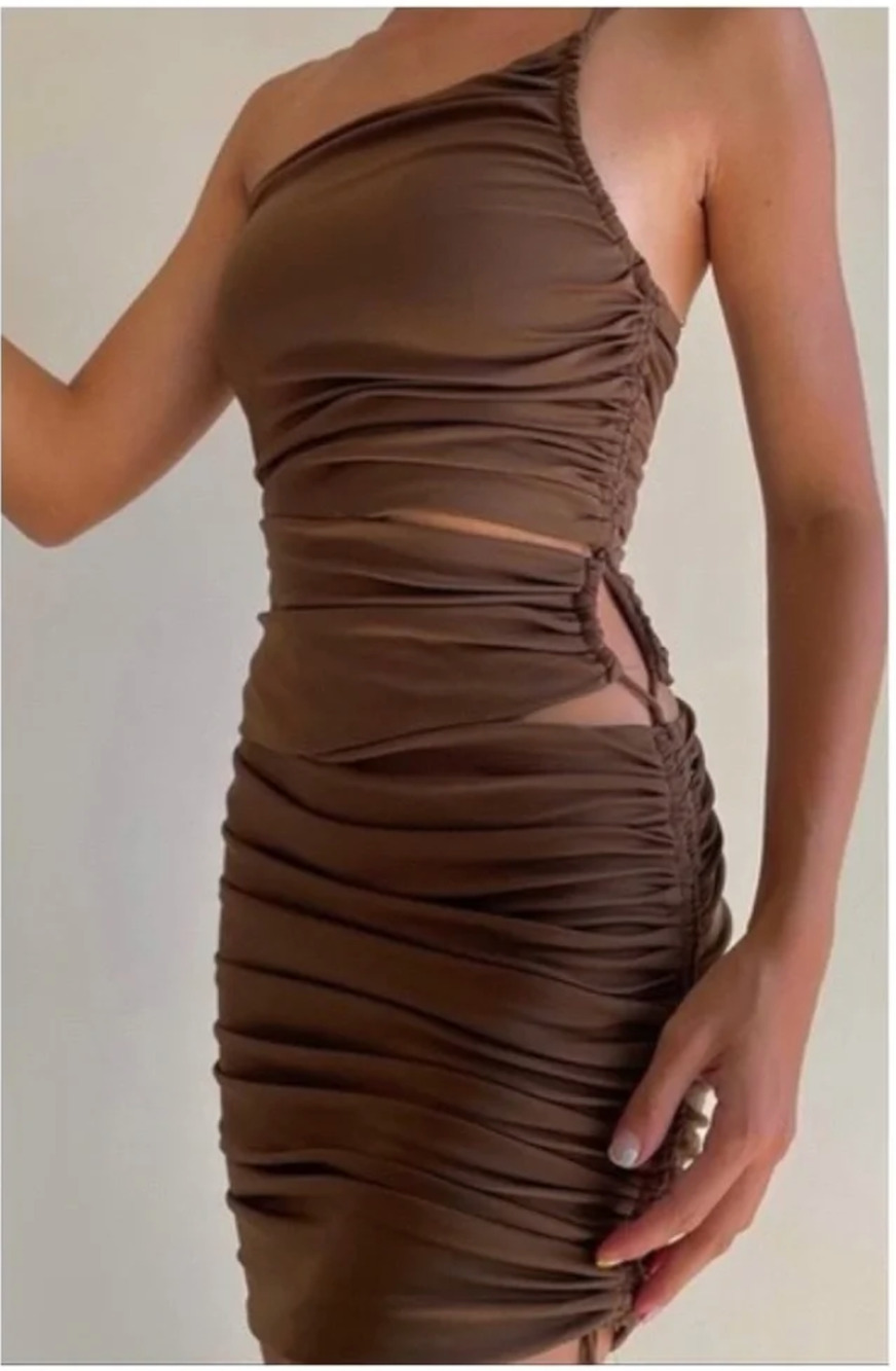 Zara NWT Chocolate Brown One Shoulder Ruched Mini Dress Size L